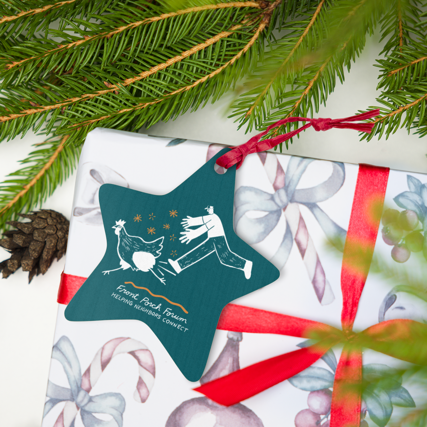 Chicken Chase Wooden ornament, Christine Tyler Hill Collection